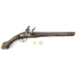 An 18th century Turkish 20 bore flintlock holster pistol, 19½” overall, 2 stage barrel 12” with
