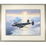 A watercolour painting of an RAF Avro Shackleton. A reconnaissance aircraft B-228 flying low over