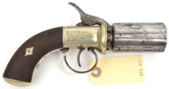 A 6 shot 100 bore single action percussion pepperbox revolver, c 1835, 7¾” overall, barrels 2½” with