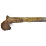 A 19th century Turkish sword yataghan, curved blade 24”, with narrow back fuller and traces of