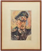 A watercolour portrait of Erwin Rommel, attributed to Lt. Col Burmingham, 7” x 10”, in window