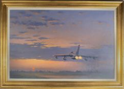 An oil painting on canvas entitled ‘Dawn Thunder’. Depicting an RAF Tornado GR1 taking off with