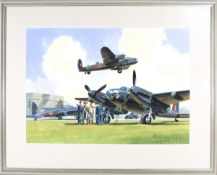 A watercolour painting of RAF aircraft. The scene depicts 2 De Havilland Mosquitos at an RAF air