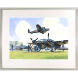 A watercolour painting of RAF aircraft. The scene depicts 2 De Havilland Mosquitos at an RAF air