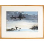 A watercolour entitled ‘Long Cold Night Ahead’ by Keith Woodcock. Depicting an RAF Avro Lancaster
