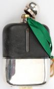 An unusually large late 19th century safety “hip” flask, leather covered upper section with