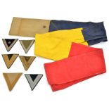 6 various Third Reich rank chevrons; also an RAF message streamer, with weighted webbing pouch