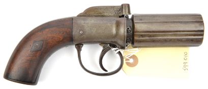 A 6 shot 110 bore self cocking bar hammer percussion pepperbox revolver c 1840, 8½” overall, barrels