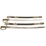 2 similar police swords, slightly curved, fullered blades 32”, plain hilt with langets, deeply