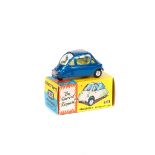 A Corgi Toys Heinkel Trojan (233) in metallic blue with lemon yellow interior. Boxed. VGC, minor