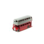 Dinky Toys Leyland Double Deck Bus (29c). Red lower body with light grey upper, smooth black