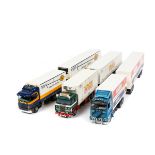 3 Modern Tekno trucks. All Scania forward control 3 axle examples with 4-axle LWB drawbar