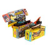 2 Corgi Toys. Batmobile (267) and Batboat (107). A first series Batmobile with pulsating flames