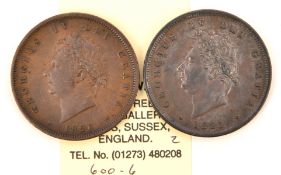 George IV AE pennies (2): 1825 NEF (small scratch to chest); 1826 VF