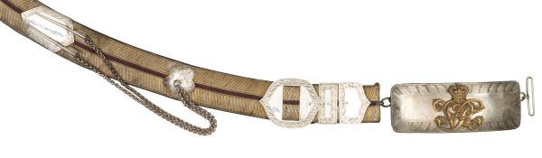 A Hussar officer’s shoulder belt and pouch, gilt lace, with maroon central stripe, on black