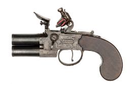 A good 36 bore double barrelled over and under tap action flintlock boxlock pistol, by (William ?)
