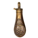 A copper gun size powder flask “Bird” (Riling 731), patent brass top marked “A.M. Flask & Cap Co”, 3