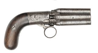 A Belgian 4 barrelled 120 bore Mariette ring trigger self cocking underhammer percussion pepperbox