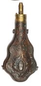 A large copper violin shaped gun size powder flask “Overall” (Riling 432), patent brass top,