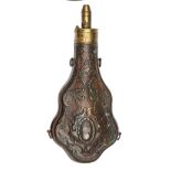 A large copper violin shaped gun size powder flask “Overall” (Riling 432), patent brass top,