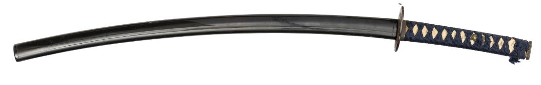 A Japanese sword Wakizashi, unsigned blade 20¾”, O-kissaki c 1750, plain iron tsuba, black lacquered