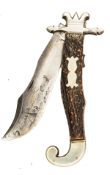 A fine early 20th century American folding Bowie knife, 13” open, the broad clipped back blade 6”,