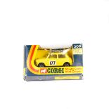 A Corgi Toys Monte Carlo Mini Cooper (308). Yellow body, RN 177, with roof rack containing 2 spare
