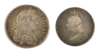 Charles II AR halfcrown,1677, NF. Victoria AR 2 shilling 1889 JH Fair. (2)