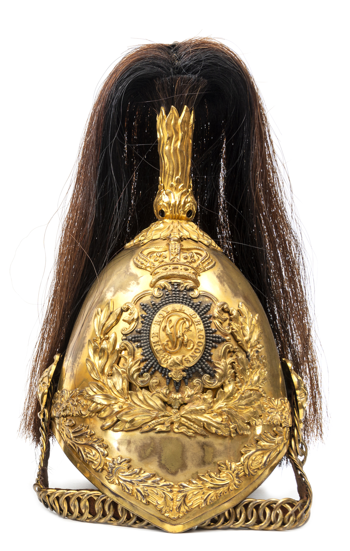 A Victorian officer’s Albert pattern helmet of the 1st (Royal) Dragoons, gilt skull with edge