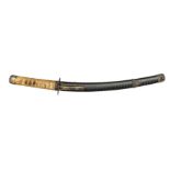 A Japanese sword wakizashi, curved unsigned blade 13¾”, copper habaki, kodsuka hilt with trees