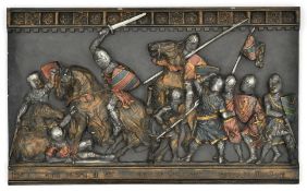 A wool embroidered linen panel, depicting a scenefrom the Bayeux tapestry, 18½” x 29”, framed and