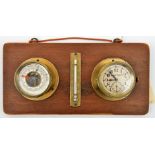A German made set of brass cased clock, barometer and thermometer, the first marked “Deutsche