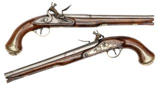 A pair of 18 bore long flintlock holster pistols, by (James?) Knight c 1765, 18” overall, 2 stage