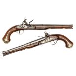 A pair of 18 bore long flintlock holster pistols, by (James?) Knight c 1765, 18” overall, 2 stage