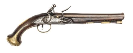 A good 16 bore flintlock holster pistol by P. Gandon, c 1740, 15” overall, sighted russet barrel 9¼”