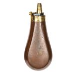 A plain copper pistol size powder flask, facetted base, common brass top, 4½” overall. Good
