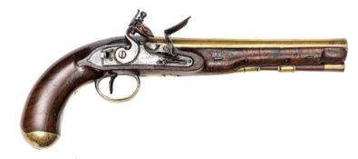A scarce 22 bore brass barrelled flintlock mail coach pistol by H W Mortimer, 15” overall, barrel
