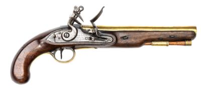 A 16 bore brass barrelled flintlock mail coach holster pistol c 1800, 15” overall, barrel 9” with