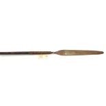 A Zulu throwing spear,49”, slender leaf shaped blade 14”, rattan binding, swollen wood finial. GC