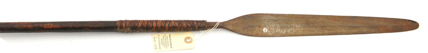 A Zulu throwing spear,49”, slender leaf shaped blade 14”, rattan binding, swollen wood finial. GC