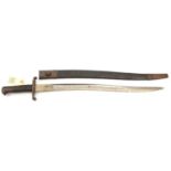 A P1856 sword bayonet, plated blade, no visible markings, in its leather scabbard with steel