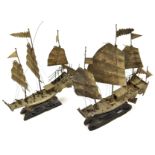 2 Chinese white metal models of “private” junks, with three masts and sails, deck house, 4 deck