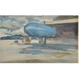 A well executed watercolour on card of an American airship (Blimp), US Navy marked on side,