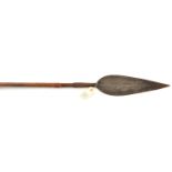 A Sudanese spear, 57”, broad leaf shaped blade 14”, bamboo haft. GC