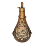 A large copper gun size powder flask “Oak Leaf” (Riling 581), brass top marked “A M Flask & Cap Co”,