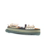 A rare 1930s Marklin tinplate put-put style steam powered ship. Hull in two-tone grey with light