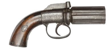 A 6 shot 120 bore self cocking bar hammer percussion pepperbox revolver, 8” overall, barrels 2¾”