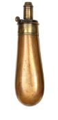 A plain, gun size slender bag shaped copper powder flask, brass top marked “G & J W Hawksley