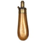 A plain, gun size slender bag shaped copper powder flask, brass top marked “G & J W Hawksley