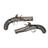 A pair of 20 bore flintlock travelling pistols by Sykes of Oxford, c 1820, 9¼” overall, sighted